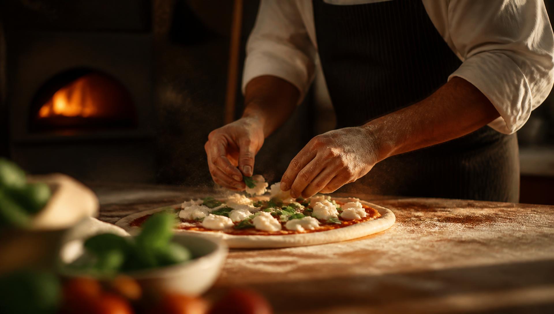 Koch belegt frischen Pizzateig vor dem Holzofen